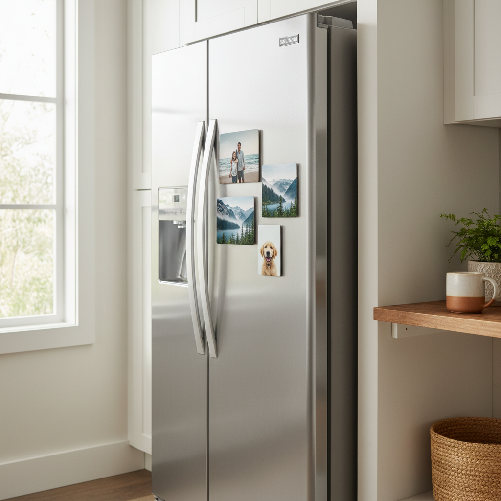 Custom Photo Magnets in modern kitchen setting